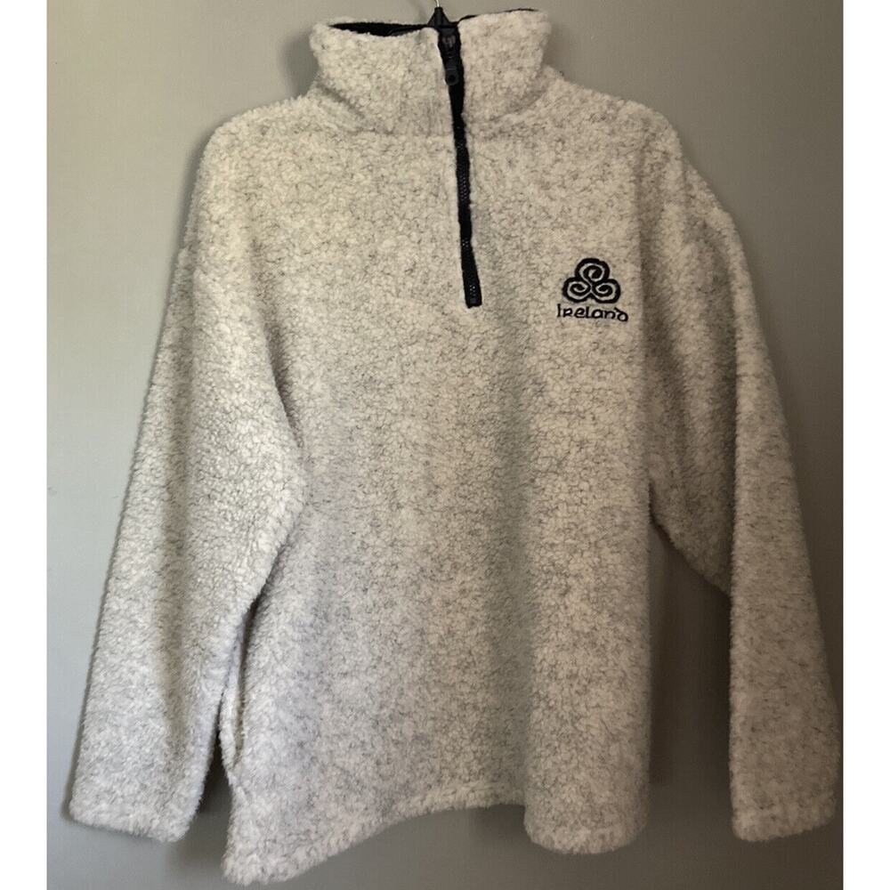 Mens Ireland Sweater Fleece Shirt Large Pullover 1/4 ZIP Cream Logo
